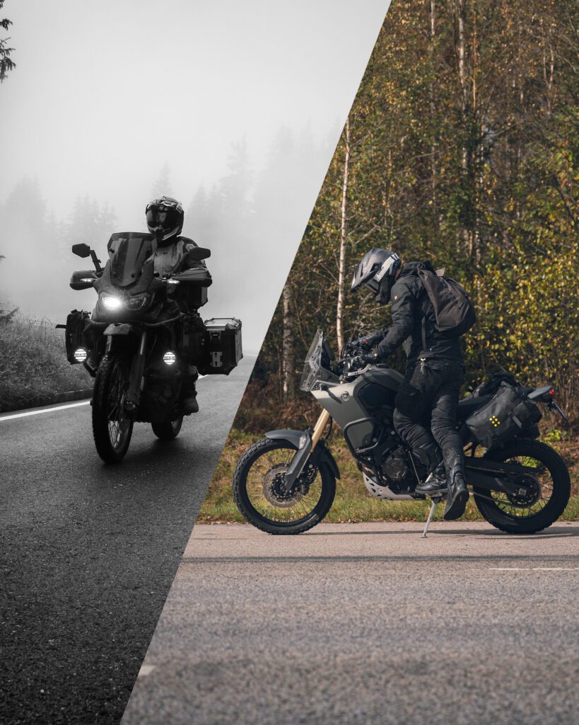 Motorcycles equipped with both hard cases and saddlebags, captured in different settings